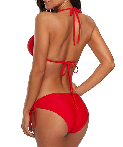 Women's String Two Piece Halter Top Triangle Bikini Set with Tie Side Bottom Sexy Swimsuit Bathing Suits Red S