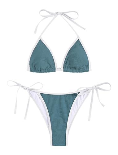 ZAFUL String Bikini Sets for Women Color Block High Cut Two Piece Push Up Triangle Top Swimwear Bathing Suit Swim Suits for Women 2024 Bluish Cyan
