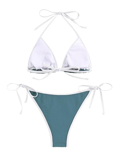 ZAFUL String Bikini Sets for Women Color Block High Cut Two Piece Push Up Triangle Top Swimwear Bathing Suit Swim Suits for Women 2024 Bluish Cyan