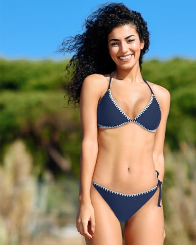 beautyin Women's Side Tie Bikini Set Triangle String Halter Two Piece Swimsuits Blue