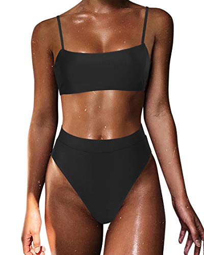MOSHENGQI Women High Wasited Bikini Shoulder Strap 2 Piece High Cut String Swimsuits, 33 Black, Small