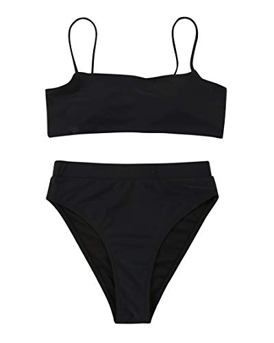 MOSHENGQI Women High Wasited Bikini Shoulder Strap 2 Piece High Cut String Swimsuits, 33 Black, Small