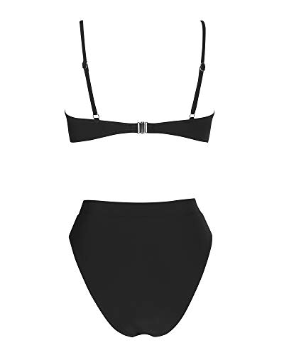 MOSHENGQI Women High Wasited Bikini Shoulder Strap 2 Piece High Cut String Swimsuits, 33 Black, Small