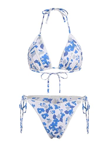 ZAFUL Women's Swimsuits Floral String Triangle High Cut Bikini Sets Sexy Halter Tie Side Swimwear Bathing Suits Blue