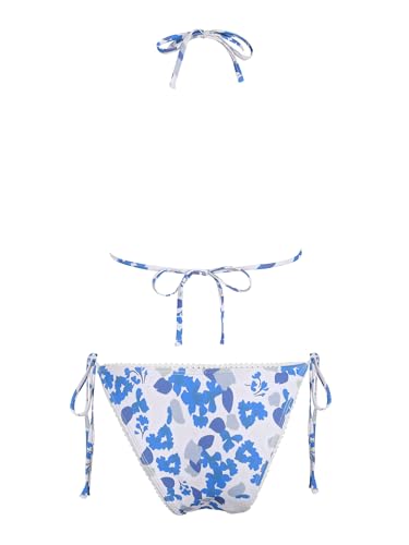 ZAFUL Women's Swimsuits Floral String Triangle High Cut Bikini Sets Sexy Halter Tie Side Swimwear Bathing Suits Blue