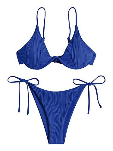 ZAFUL Women's Underwire High Cut Bikini Tie Side String Bikini Set Two Piece Swimsuit Bathing Suit (0-Deep Blue,S)