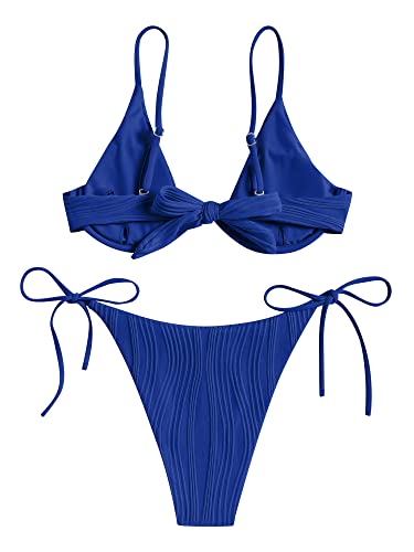 ZAFUL Women's Underwire High Cut Bikini Tie Side String Bikini Set Two Piece Swimsuit Bathing Suit (0-Deep Blue,S)