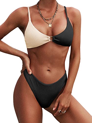 ZAFUL Women's Ribbed O-Ring String Bikini Swimsuit Cheeky Thong Swimwear Two Pieces Bathing Suit