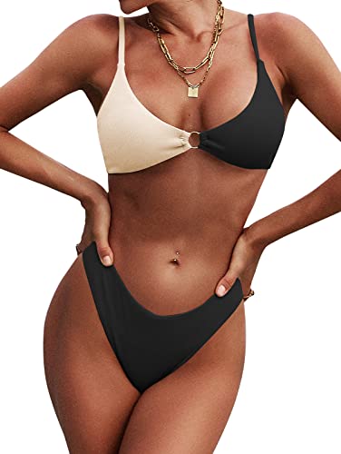 ZAFUL Women's Ribbed O-Ring String Bikini Swimsuit Cheeky Thong Swimwear Two Pieces Bathing Suit
