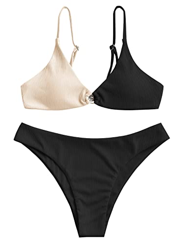 ZAFUL Women's Ribbed O-Ring String Bikini Swimsuit Cheeky Thong Swimwear Two Pieces Bathing Suit