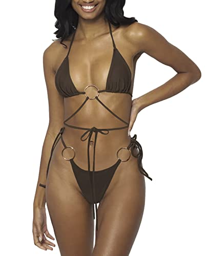 Women Halter String Bikini Set Sexy Thong Cheeky Two Piece Swimsuits Solid Color Bathing Swimwear