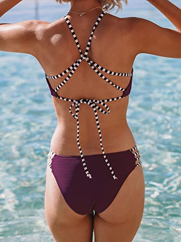 CUPSHE Women's Purple Ribbed Strappy Self Tie Low Waist Bikini Set, M