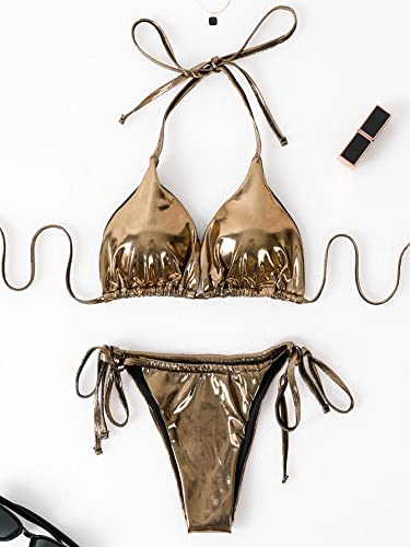 WDIRARA Women's 3 Piece Metallic Swimsuits Halter Triangle String Bikini Set with Beach Skirt Gold S