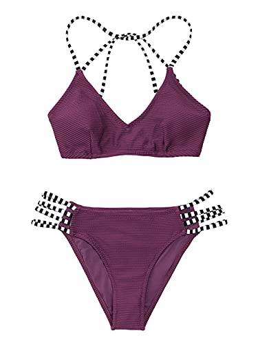CUPSHE Women's Purple Ribbed Strappy Self Tie Low Waist Bikini Set, M