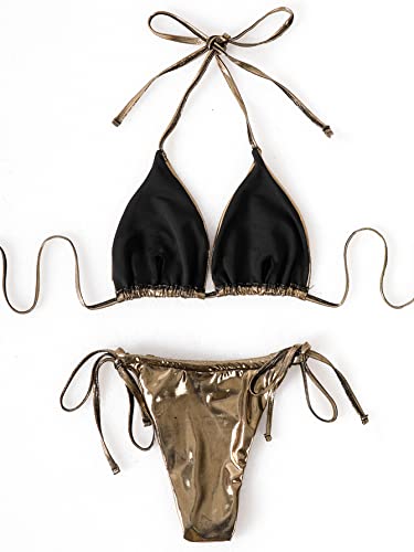 WDIRARA Women's 3 Piece Metallic Swimsuits Halter Triangle String Bikini Set with Beach Skirt Gold S