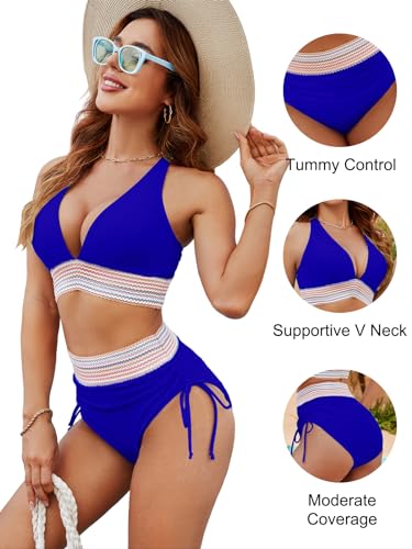 Blooming Jelly Womens High Waisted Bikini Tummy Control Swimsuits Two Piece Drawstring Swim Suits 2024 (M, Royal Blue)