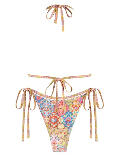 ZAFUL String Womens Bikini 2 Piece Halter Triangle Sexy Womens Swimsuits Teen Retro Floral Womens Bathing Suits 2024 Modest High Cut Swimwear M