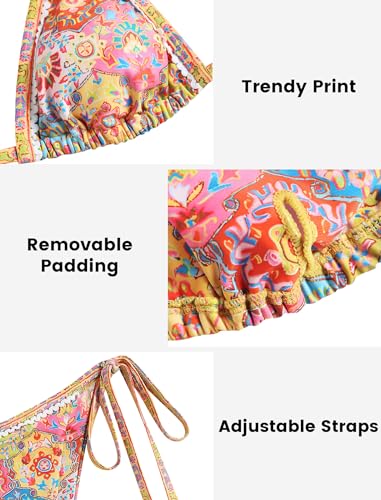 ZAFUL String Womens Bikini 2 Piece Halter Triangle Sexy Womens Swimsuits Teen Retro Floral Womens Bathing Suits 2024 Modest High Cut Swimwear M