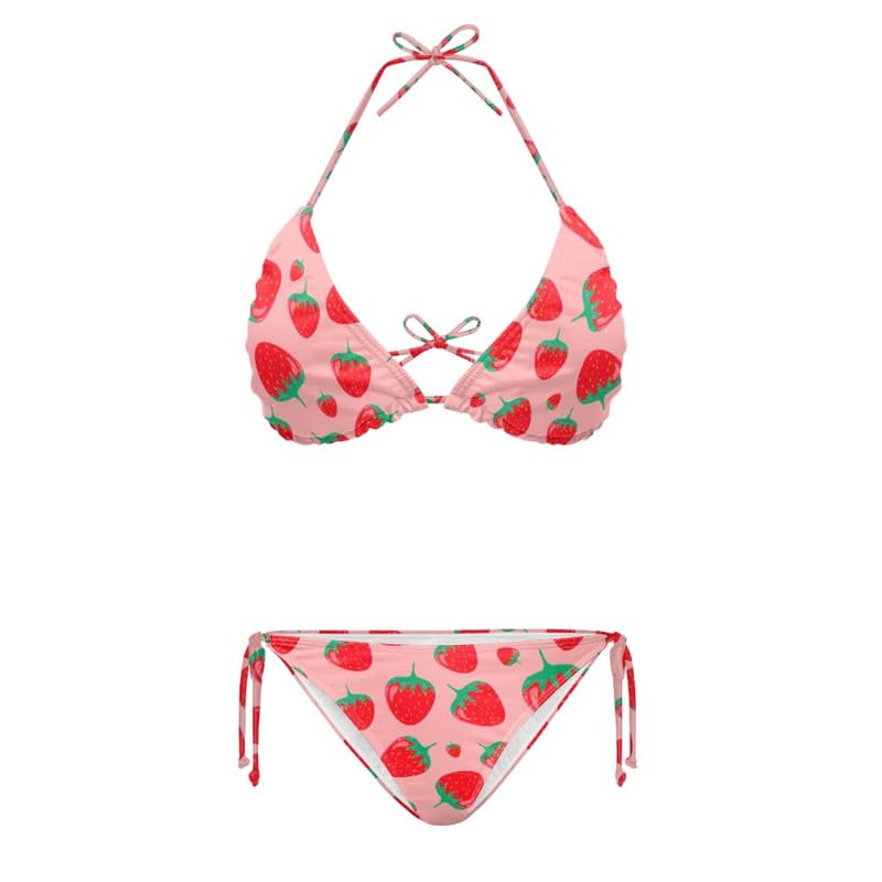 Irisjudy Pink Strawberry Print Women Halter String Bikini Set Strawberries Tie Strap Two Piece Swimsuits Spaghetti Strap Bathing Suit