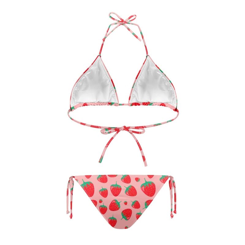 Irisjudy Pink Strawberry Print Women Halter String Bikini Set Strawberries Tie Strap Two Piece Swimsuits Spaghetti Strap Bathing Suit