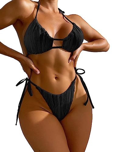 Zonsaoja Women's Two Piece Bikini Swimsuit Sexy Ribbed Halter Triangle Top Bathing Suits Cheeky String Bikini Sets Black S