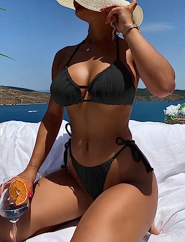 Zonsaoja Women's Two Piece Bikini Swimsuit Sexy Ribbed Halter Triangle Top Bathing Suits Cheeky String Bikini Sets Black S