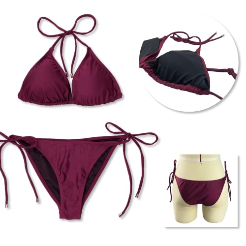 Jonathan Swim Women Two Piece Bikini Swimsuit Halter Triangle Top, String Tie Side Burgundy Bikini (Shimmery Wine, XL)