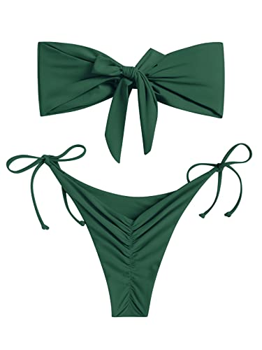 ZAFUL Knotted Bandeau Bikini for Women Strapless Swimsuits High Cut Bathing Suit Sexy Cheeky Tie Side Swimwear Deep Green S