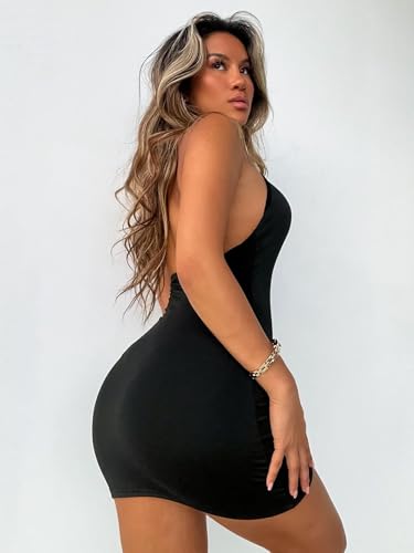 Verdusa Women's Cutout Front Sleeveless Open Back Halter Neck Bodycon Mini Dress Black S