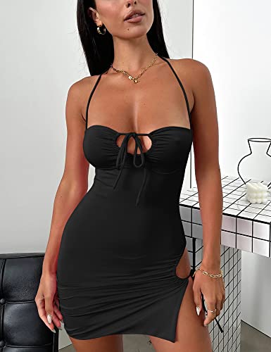 HOCILLE Women's Sexy Halter Club Bodycon Ruched Spaghetti Strap Cut Out Mini Dress, Small, Black