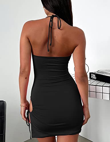 HOCILLE Women's Sexy Halter Club Bodycon Ruched Spaghetti Strap Cut Out Mini Dress, Small, Black