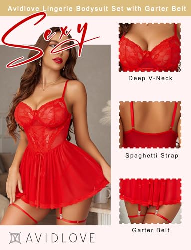 Avidlove Sexy Lingerie for Women Lace Babydoll Sleepwear Boudoir Outfits with Garter Belt Red Medium