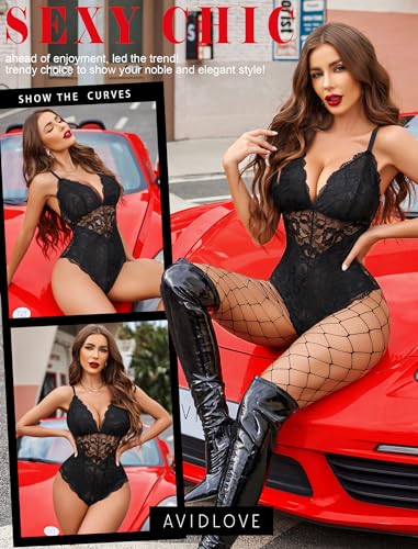 Avidlove Women Snap Crotch Lingerie Sexy Lace Bodysuit Deep V Teddy One Piece Lace Babydoll Teddy