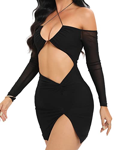 Just Quella Sexy Club Outfits for Women Sheer Long Sleeves Off- The Shoulder Cut Out Black Mesh Dress (US,0-2)