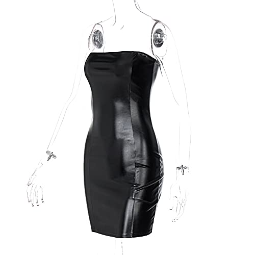 Achieer Women Sexy Club Party Strapless Bodycon Pu Leather Black Ruched Latex Dress