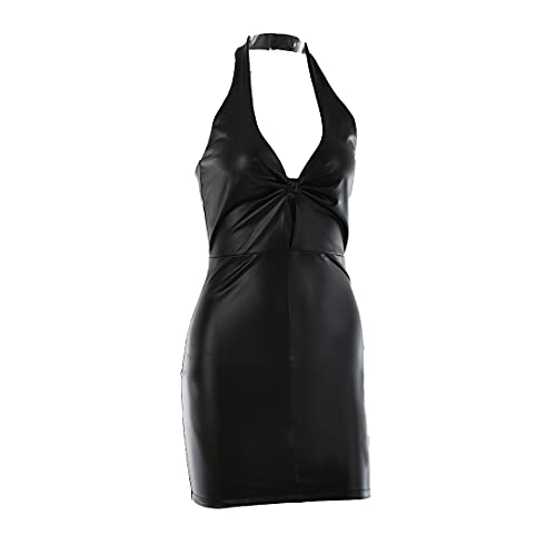 Riclena Women's Sexy Halter Deep V Neck Keyhole PU Leather Mini Bodycon Dress(Black,Medium)