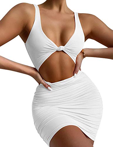 Kaximil Women's Sexy Bodycon Sleeveless Cut Out Ruched Tank Mini Club Party Dresses, Medium, White