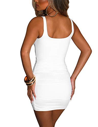 Kaximil Women's Sexy Bodycon Sleeveless Cut Out Ruched Tank Mini Club Party Dresses, Medium, White
