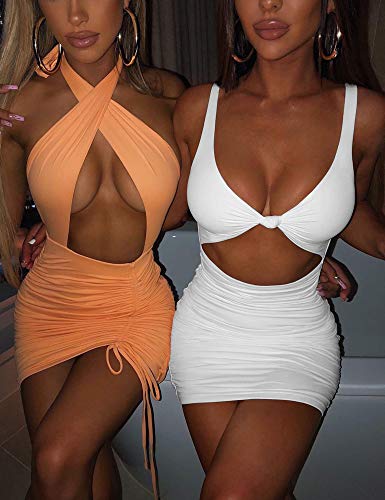 Kaximil Women's Sexy Bodycon Sleeveless Cut Out Ruched Tank Mini Club Party Dresses, Medium, White