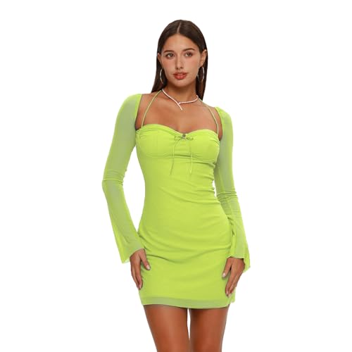 XLLAIS Women Long Puff Sleeve Mini Bodycon Mesh Dress Clubwear (Green, Large)