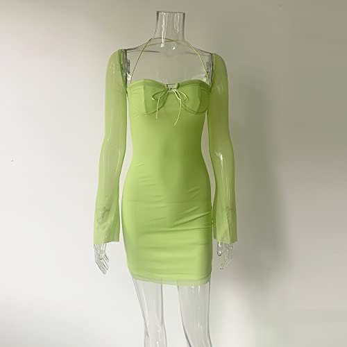 XLLAIS Women Long Puff Sleeve Mini Bodycon Mesh Dress Clubwear (Green, Large)
