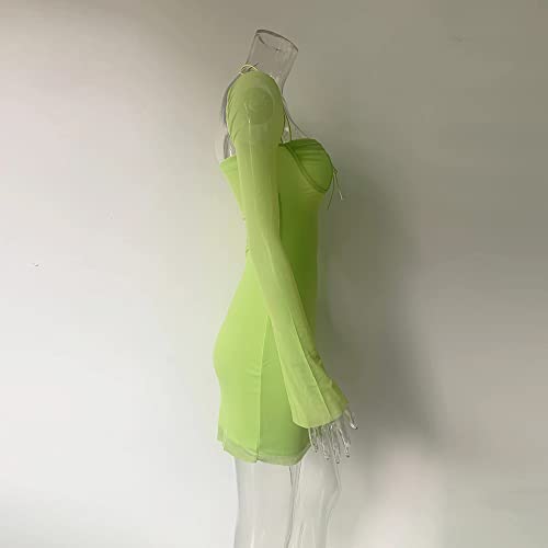 XLLAIS Women Long Puff Sleeve Mini Bodycon Mesh Dress Clubwear (Green, Large)