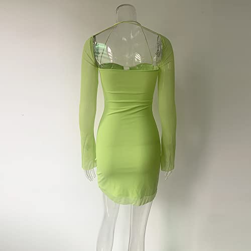 XLLAIS Women Long Puff Sleeve Mini Bodycon Mesh Dress Clubwear (Green, Large)