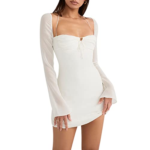 Zebaexf Women's Mesh Dress Long Puff Sleeve Mini Bodycon Party Clubwear for Women S