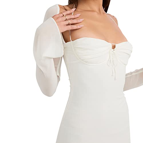 Zebaexf Women's Mesh Dress Long Puff Sleeve Mini Bodycon Party Clubwear for Women S