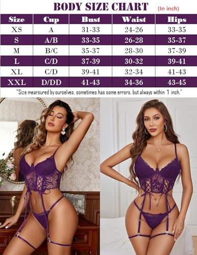 Avidlove Lingerie for Women Sexy Garter Lingerie Set Bra and Panty Set Floral Lace Nightgown Deep Purple Medium
