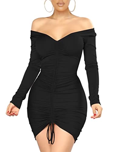 XXTAXN Women's Sexy Elegant Long Sleeve Off The Shoulder Ruched Mini Dress Black