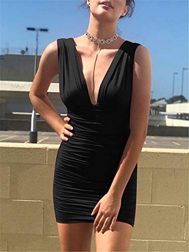 GOBLES Women's Sexy Bodycon Sleeveless Ruched Party Mini Cocktail Dress Black