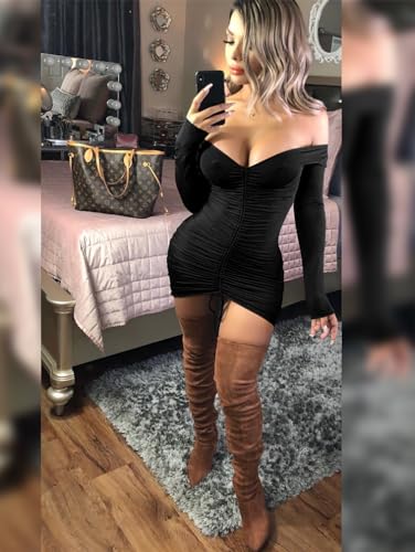 XXTAXN Women's Sexy Elegant Long Sleeve Off The Shoulder Ruched Mini Dress Black