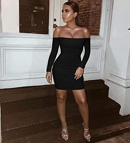 TICBRY Women Long Sleeve Bodycon Sexy Cold Off Shoulder Backless Spring Fitted Form Fitting Gala Clubbing Off-Shoulder Club Party Wedding Dresses Black